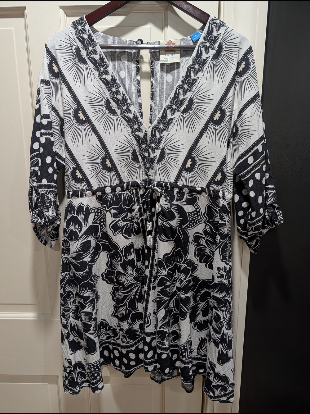 Farm Rio For Anthropologie Black & White Floral Mini Dress (Women's Small)